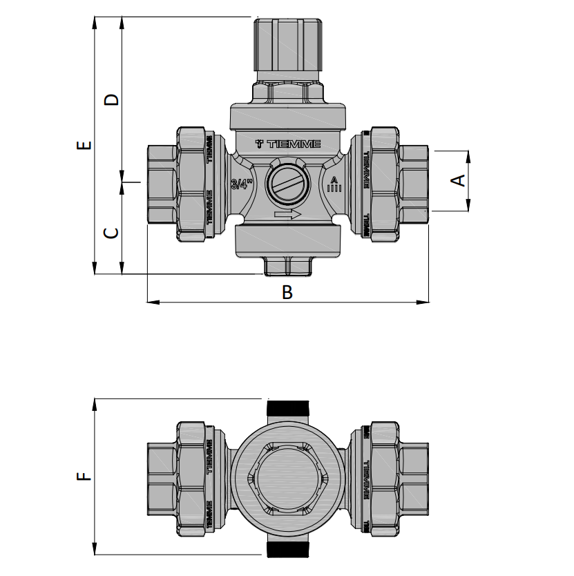 disegno tecnico riduttore di pressione acqua 1 pollice attacchi femmina tiemme con misure