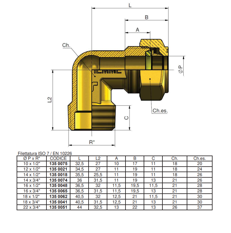 disegno tecnico raccordo curvo compressione o-ring gas acqua tiemme 1350021