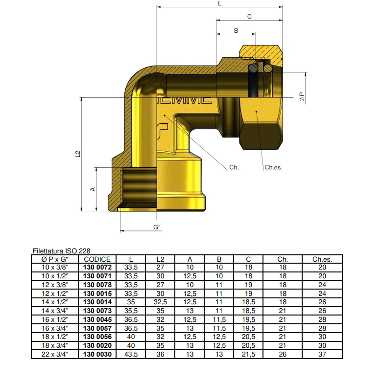 sezione tecnica raccordo a compressione curvo ottone tiemme con tabella dimensioni iso 228