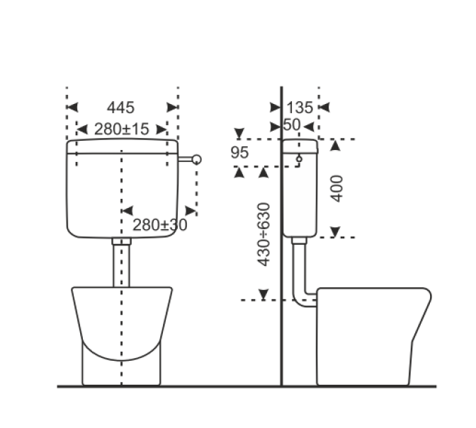 Schema tecnico installazione cassetta WC esterna pneumatica BAMPI dimensioni dettagliate