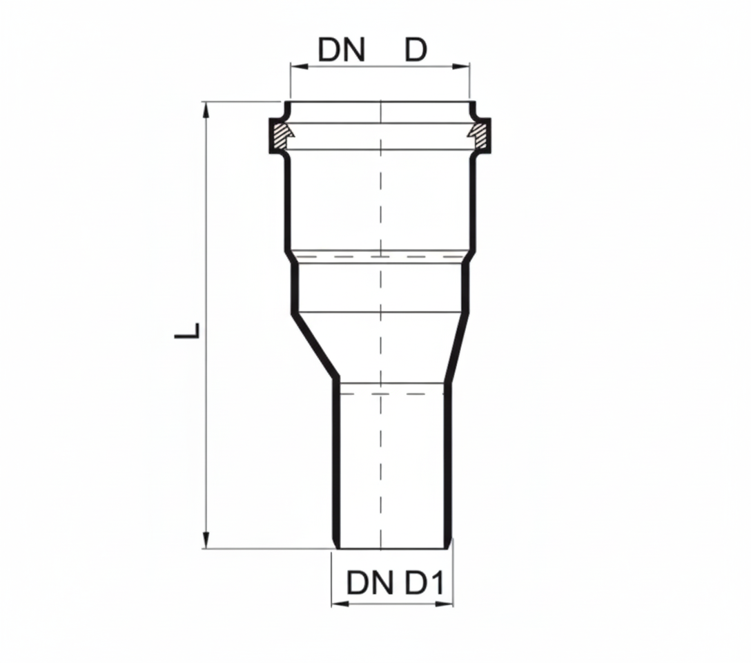 Disegno tecnico riduzione speciale BAMPI in polipropilene per collegamento tubi DN 50 40