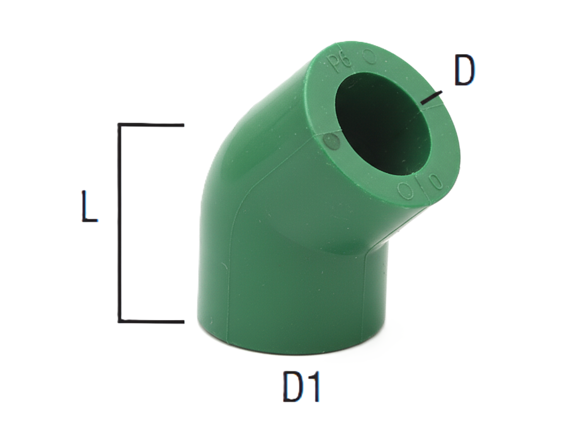 Raccordo gomito 45u00b0 PP-R verde DN 32 con misure indicazione diametri e lunghezza Bampi
