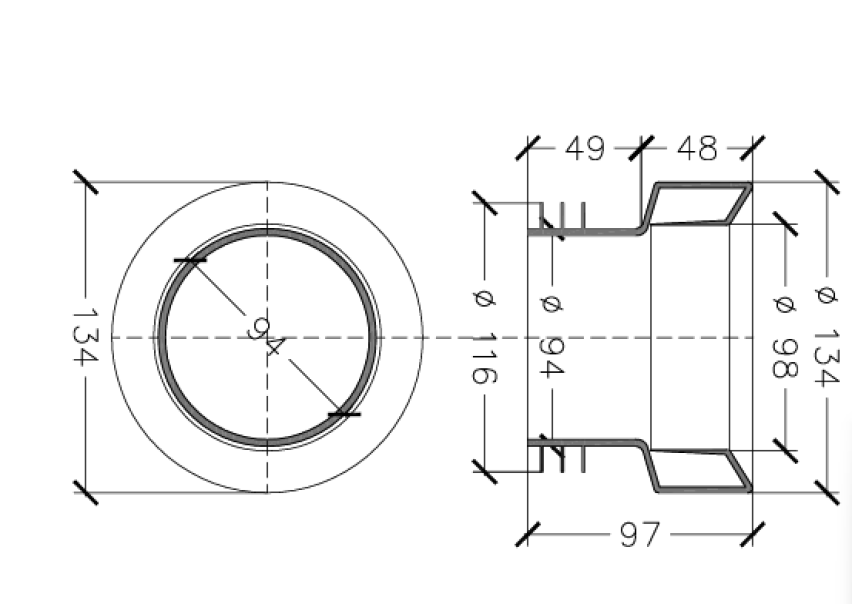 disegno tecnico manicotto concentrico morbido wc ceramica diametro 100 mm
