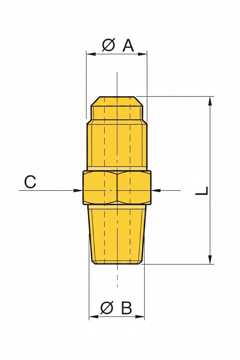 disegno tecnico nipplo ridotto ottone 3/8 SAE x 1/4 NPT maschio Wigam