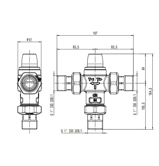 Disegno tecnico dimensioni valvola deviatrice termostatica Caleffi serie 2620