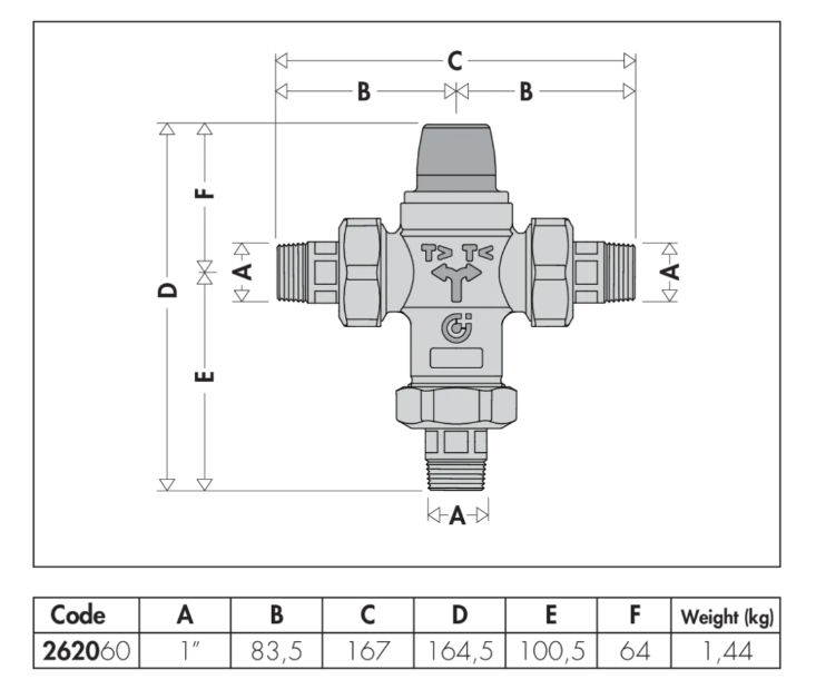 Schema dimensionale valvola deviatrice termostatica Caleffi 262060 misure tecniche