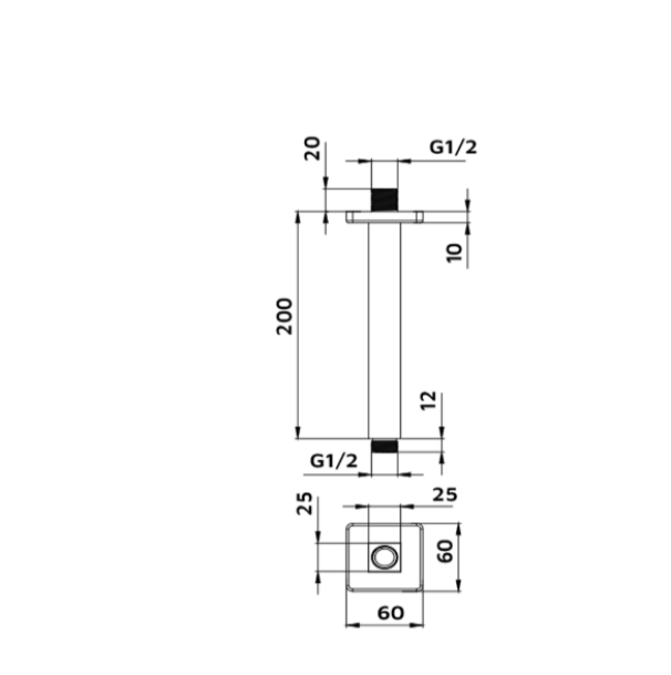 disegno tecnico braccio doccia soffitto quadrato 20 cm misure attacchi G1/2