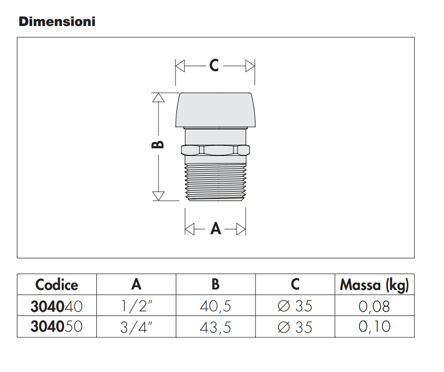 Tabella tecnica rompivuoto Caleffi serie 3040 dimensioni raccordo 1 2 pollice