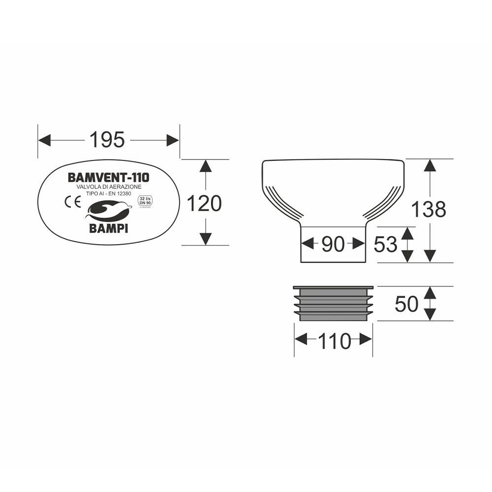 disegno tecnico valvola aerazione BAMPI DN 75 90 110 dimensioni misure