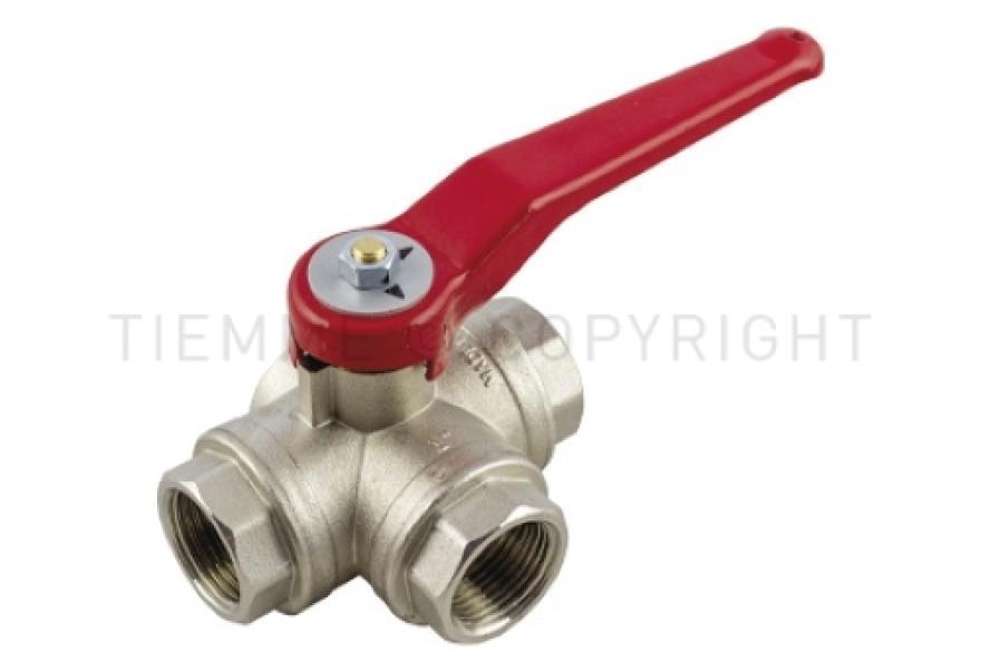 Valvola a sfera tre vie TIEMME nichelata femmina con leva rossa per impianti idraulici e riscaldamento