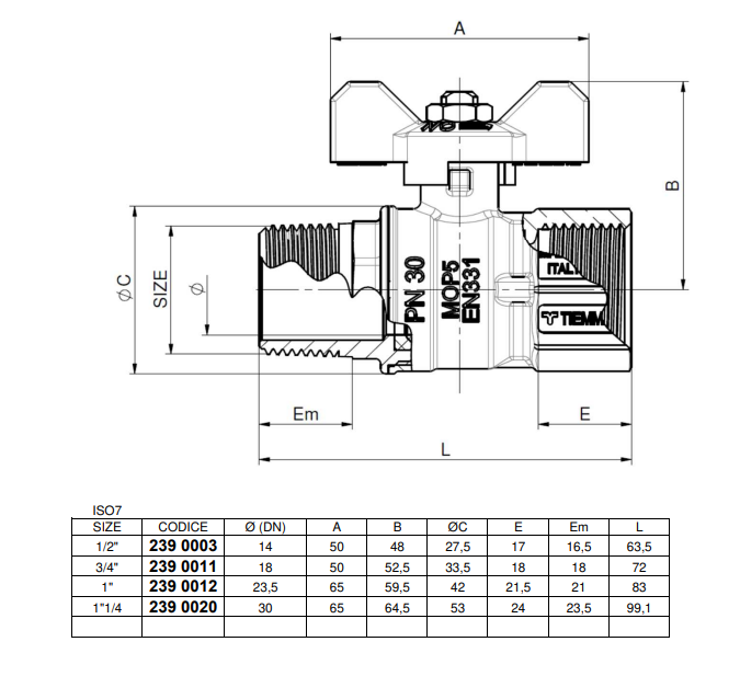 disegno tecnico valvola a sfera gas tiemme 1 pollice attacco maschio femmina