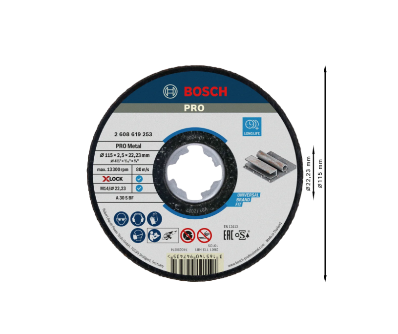 Dettaglio misure disco abrasivo Bosch X-Lock per metallo 115 mm foro 22,23 mm