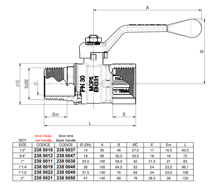 disegno tecnico valvola a sfera maschio femmina 2 pollici con dimensioni e caratteristiche Tiemme