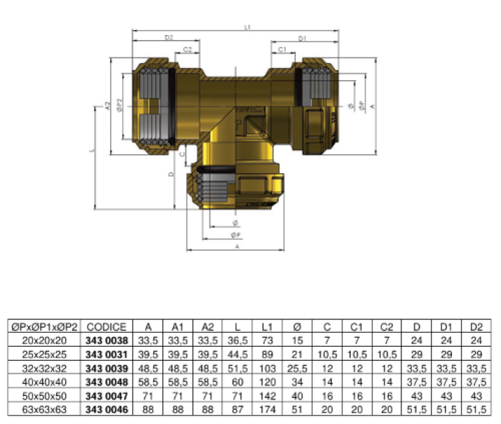 Raccordo a T a compressione ogiva acetalica per tubi PE e PEX Tiemme vista frontale