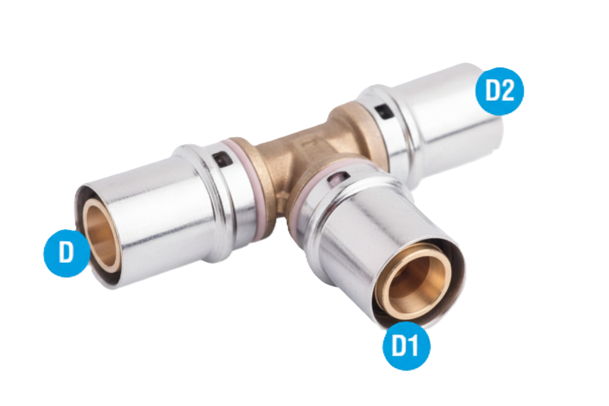 Dettaglio raccordo press fitting a T BAMPI 26x16x26 con indicazione diametri