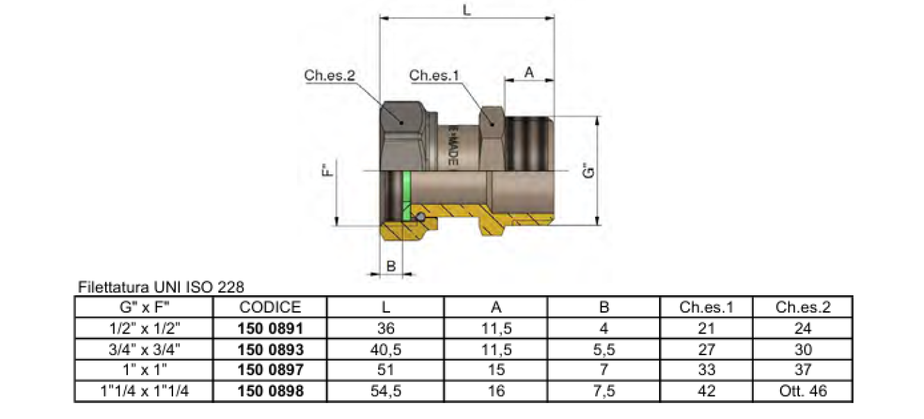 Vista dettaglio raccordo in ottone nichelato TIEMME maschio femmina tre pezzi per sistemi idraulici