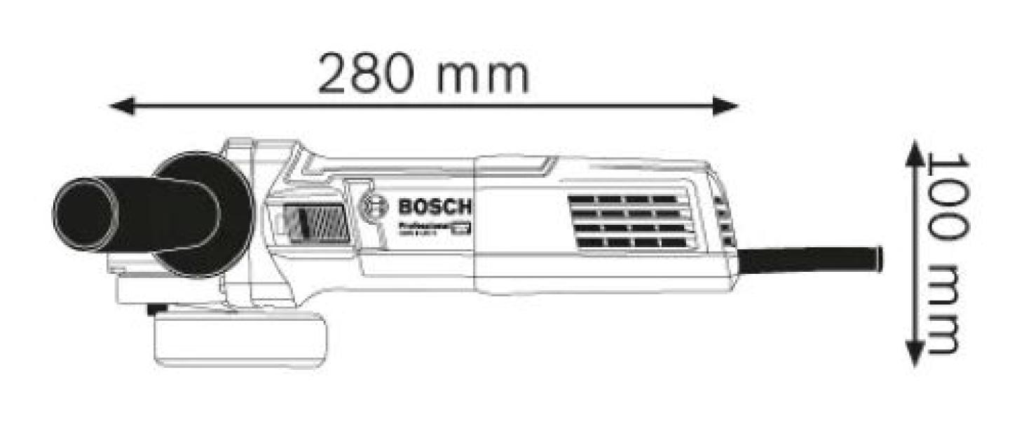 disegno tecnico smerigliatrice Bosch dimensioni 280mm lunghezza e 100mm altezza con impugnatura ergonomica