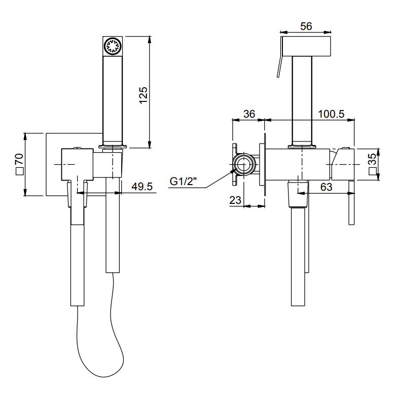 scheda tecnica miscelatore da incasso per doccetta quadrato Paini misura dettagliata