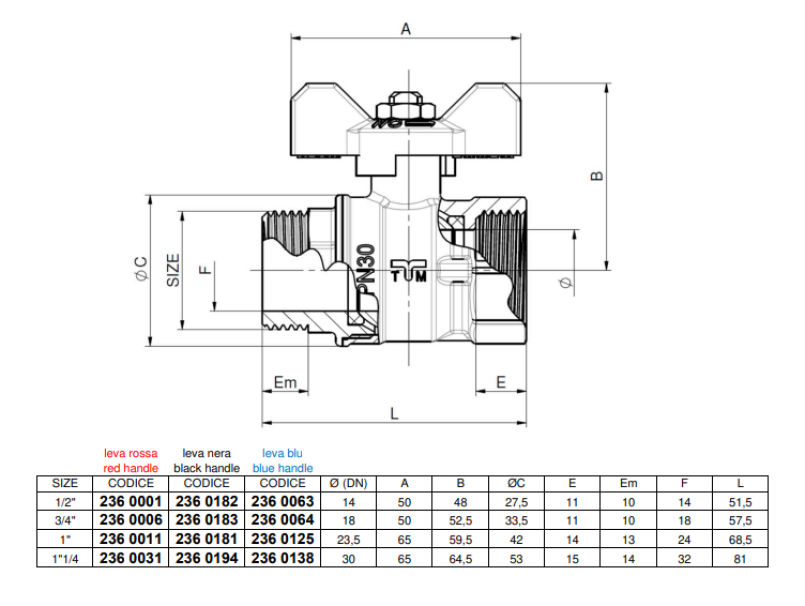 valvola a sfera Mistral TIEMME 1 2 pollice schema tecnico dimensionale