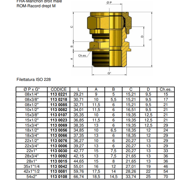 Vista tecnica raccordo diritto maschio ottone compressione TIEMME 1 pollice