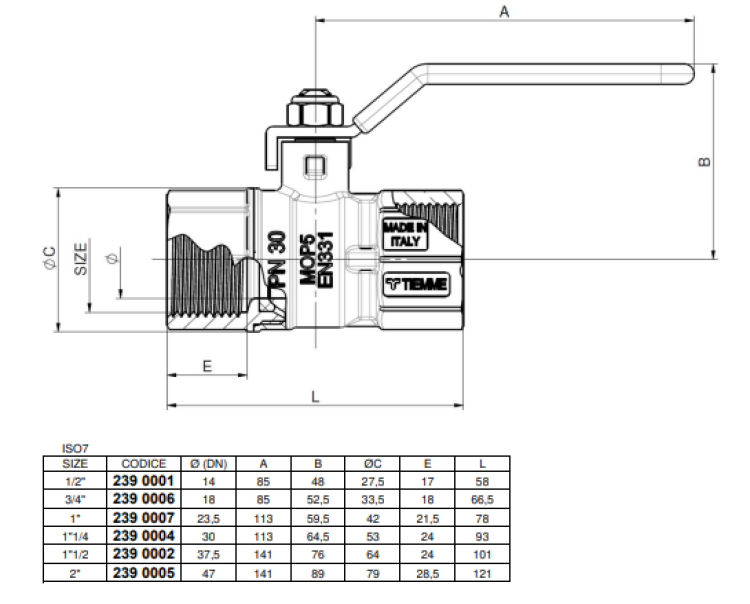 disegno tecnico valvola a sfera gas Tiemme 2 pollici EN331 leva piatta