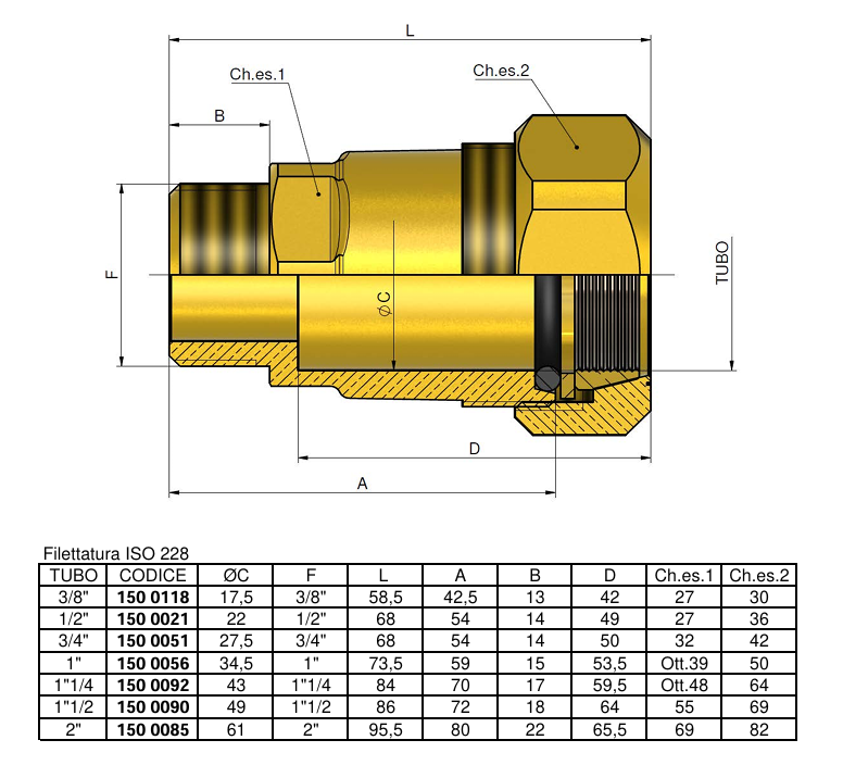 Disegno tecnico raccordo diritto compressione tubo acciaio 2 pollici TIEMME