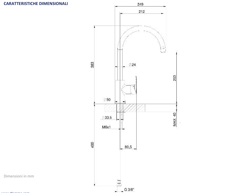 Disegno tecnico miscelatore monocomando cucina TIEMME dimensioni dettagliate connessioni G 3 8