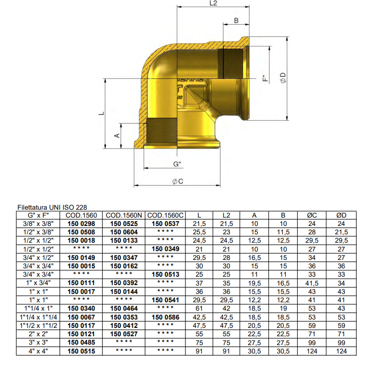 Schema tecnico raccordo curvo femmina femmina Tiemme ottone cromato con misure