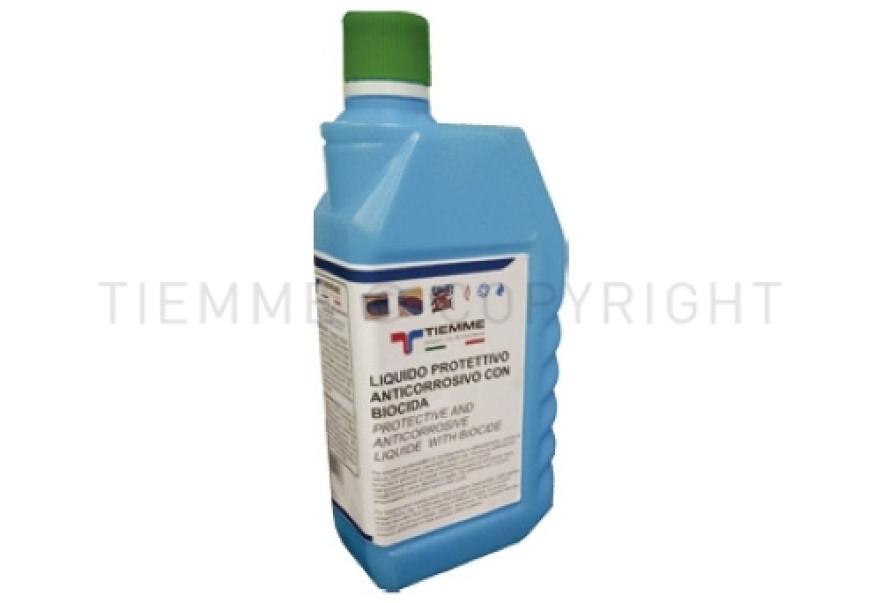 bottiglia di protettivo anticorrosione con biocida per impianti termici tiemme colore azzurro etichetta dettagliata