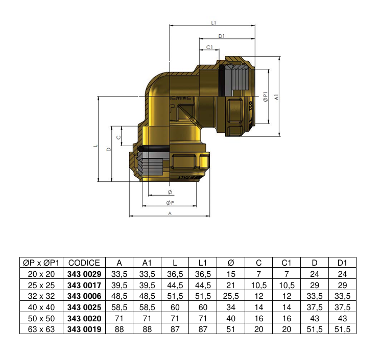 Disegno tecnico raccordo curvo doppio a compressione per tubi PE PEX PEHD TIEMME con misure