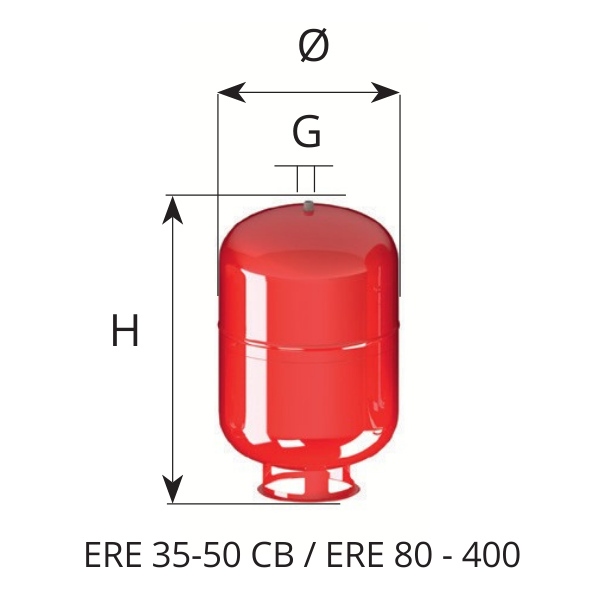 disegno tecnico vaso espansione ERE CE 100 con quote diametro e altezza