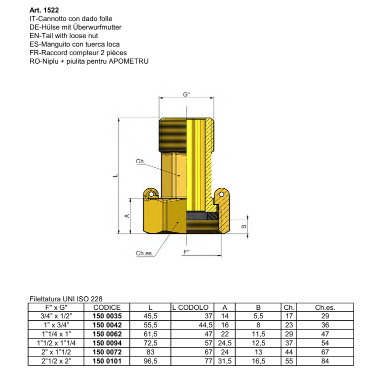dettaglio cannotto in ottone con dado folle e guarnizione per impianti idraulici