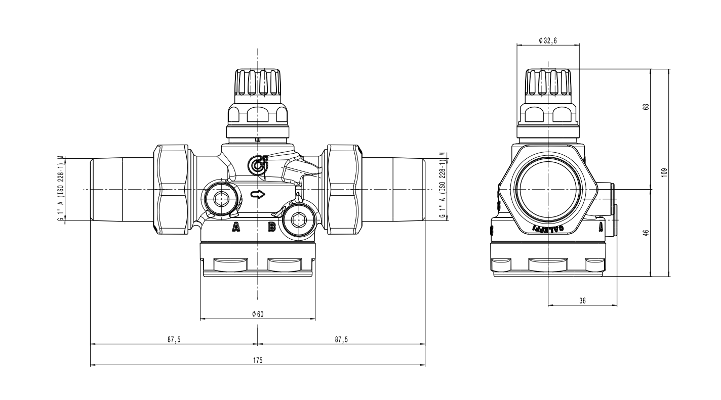 Disegno tecnico dimensionale valvola regolazione pressione DN25 Caleffi 145660 3H0