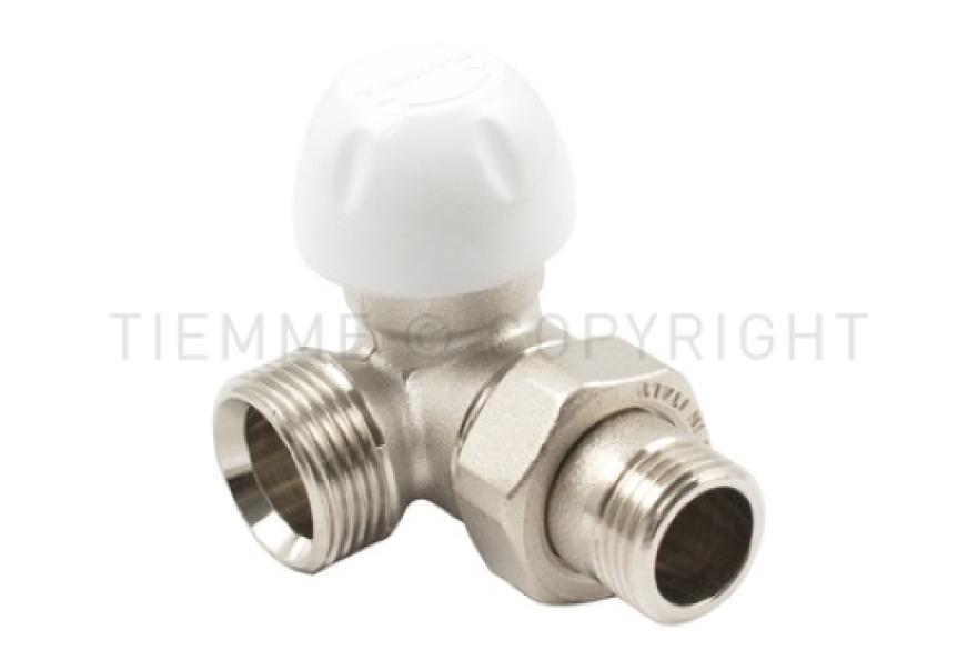 Valvola coassiale termostatizzabile per radiatore Tiemme in ottone nichelato con comando manuale