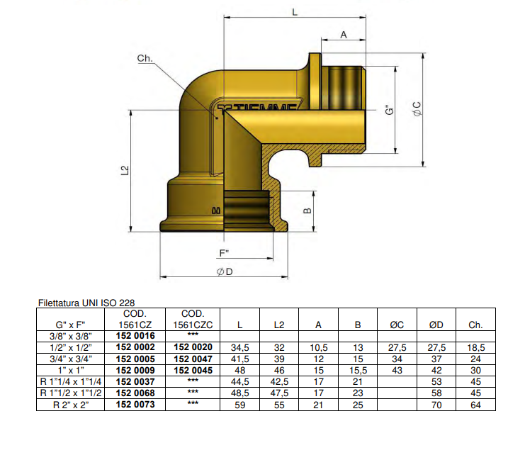 disegno tecnico raccordo curvo maschio femmina ottone CW602N 3 4 Tiemme caratteristiche principali