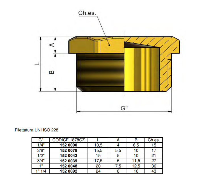 Disegno tecnico tappo maschio ottone TIEMME 1 2 pollice raccordi impianti UNI ISO 228