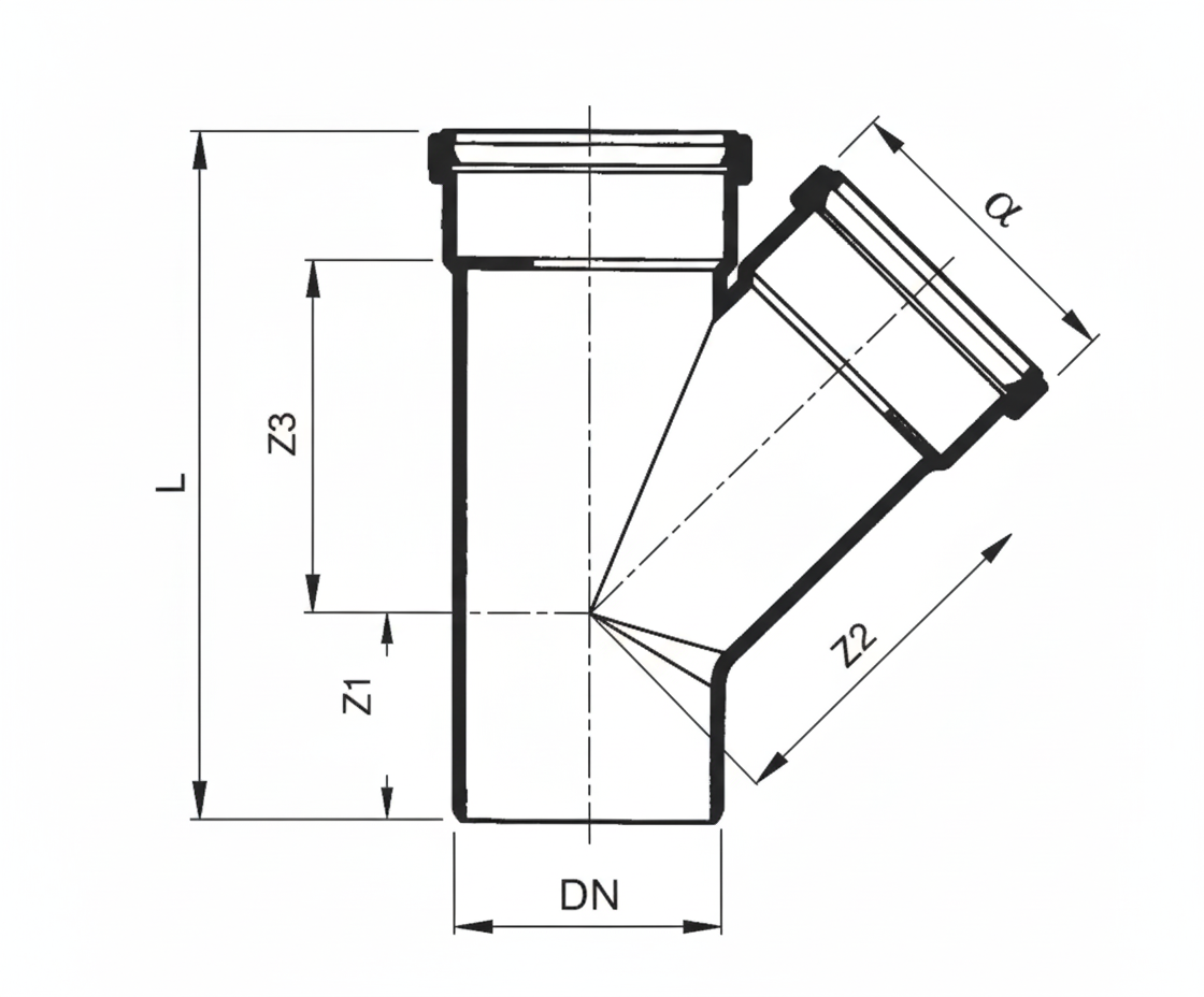 Schema tecnico braga raccordo scarico 50x50 mm BAMPI 45u00b0 in polipropilene