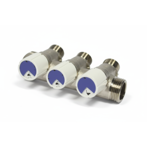 Collettore a 3 vie con rubinetti di chiusura in ottone nichelato 3/4"x1/2" interasse 127 mm  mpcom334