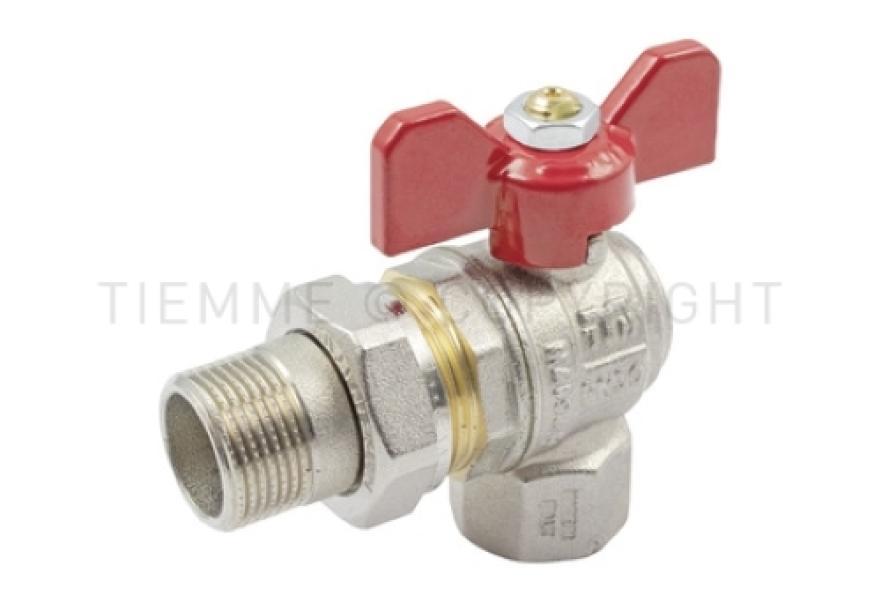 valvola a sfera a squadra 90 gradi ottone nichelato con leva farfalla rossa TIEMME
