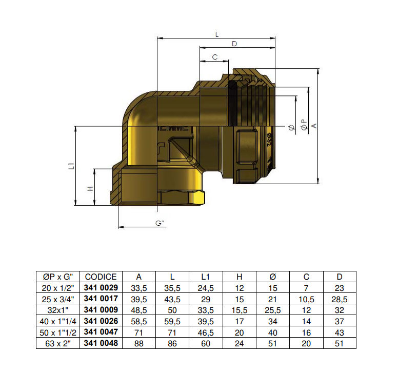 disegno tecnico raccordo curvo compressione femmina 20 mm tiemme 3410029 con misure e dimensioni dettagliate