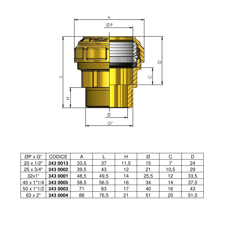 disegno tecnico raccordo diritto compressione maschio ogiva acetalica tiemme