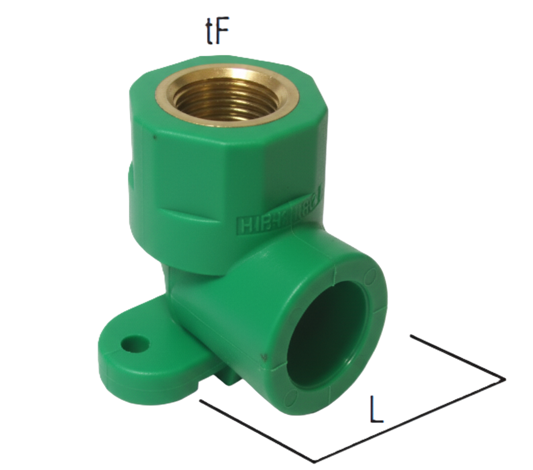 dettaglio raccordo gomito filettato con staffa per tubi polipropilene dn 20