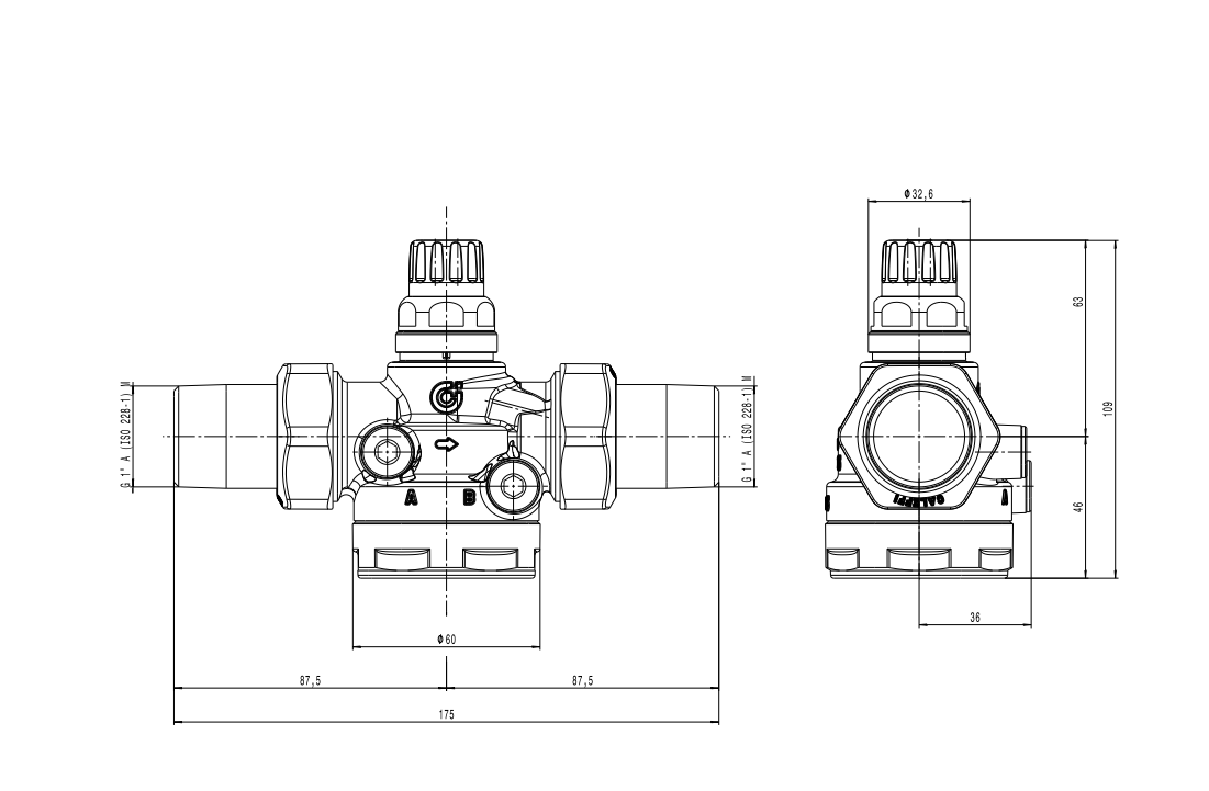 Disegno tecnico dimensionale valvola regolazione indipendente pressione DN25 attacchi maschio Caleffi