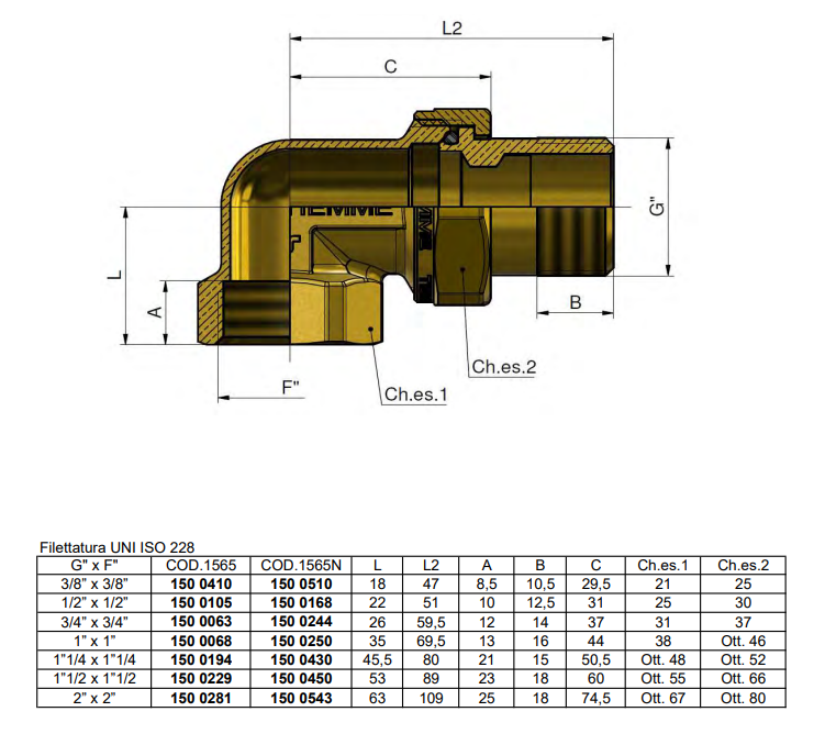 dettaglio raccordo curvo tre pezzi TIEMME in ottone per acqua gas metano