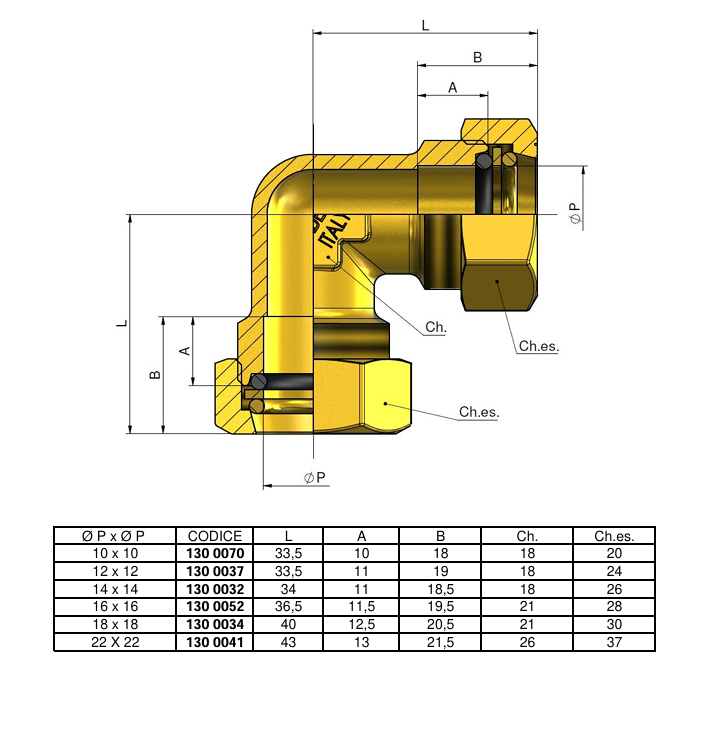 disegno tecnico raccordo curvo a compressione ottone oring tiemme con tabella misure