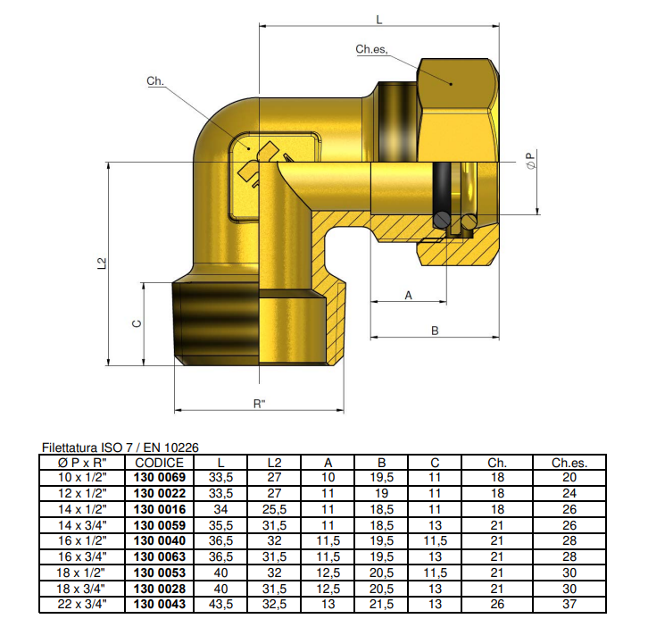 Disegno tecnico raccordo curvo compressione TIEMME con misura tubo rame Disegno tecnico raccordo curvo TIEMME compressione maschio con tabella dimensioni