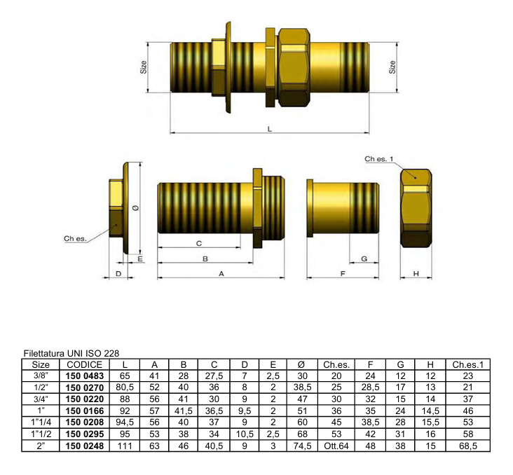 disegno tecnico prolunga diritto ottone TIEMME con quotatura dettagliata