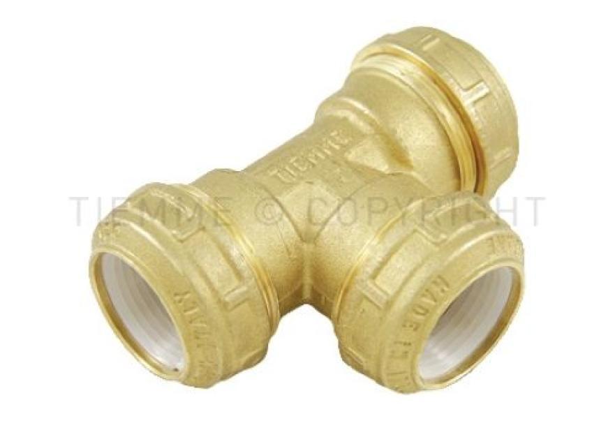 Raccordo a T a compressione ogiva acetalica per tubi PE PEHD PEX Tiemme vista frontale