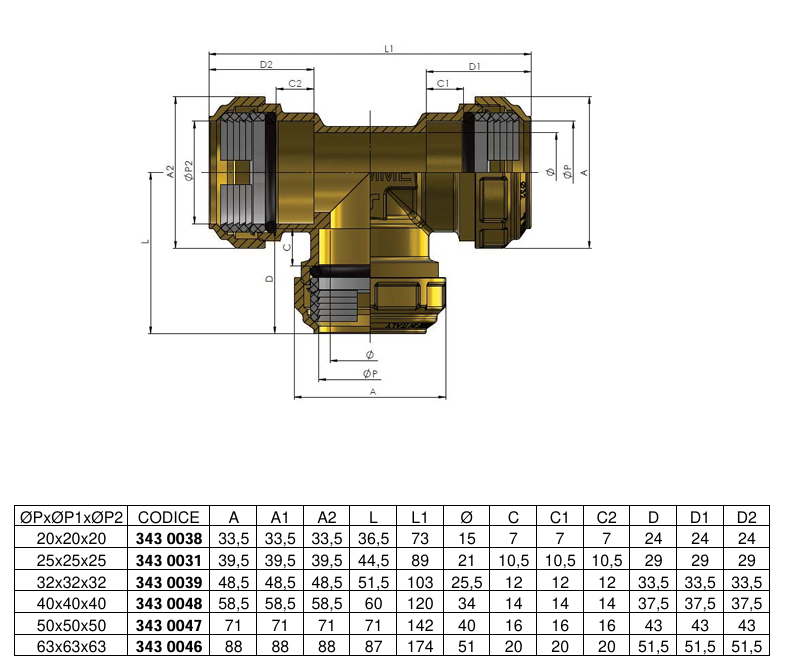 Disegno tecnico raccordo T a compressione Tiemme dimensioni e misure