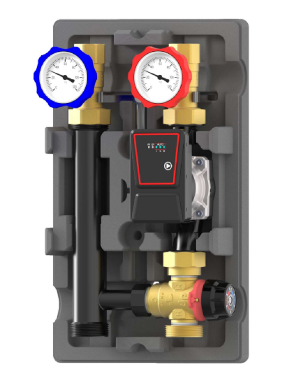 Gruppo di rilancio termostatico DN25 De Pala con valvole e manopola regolazione per impianti termici